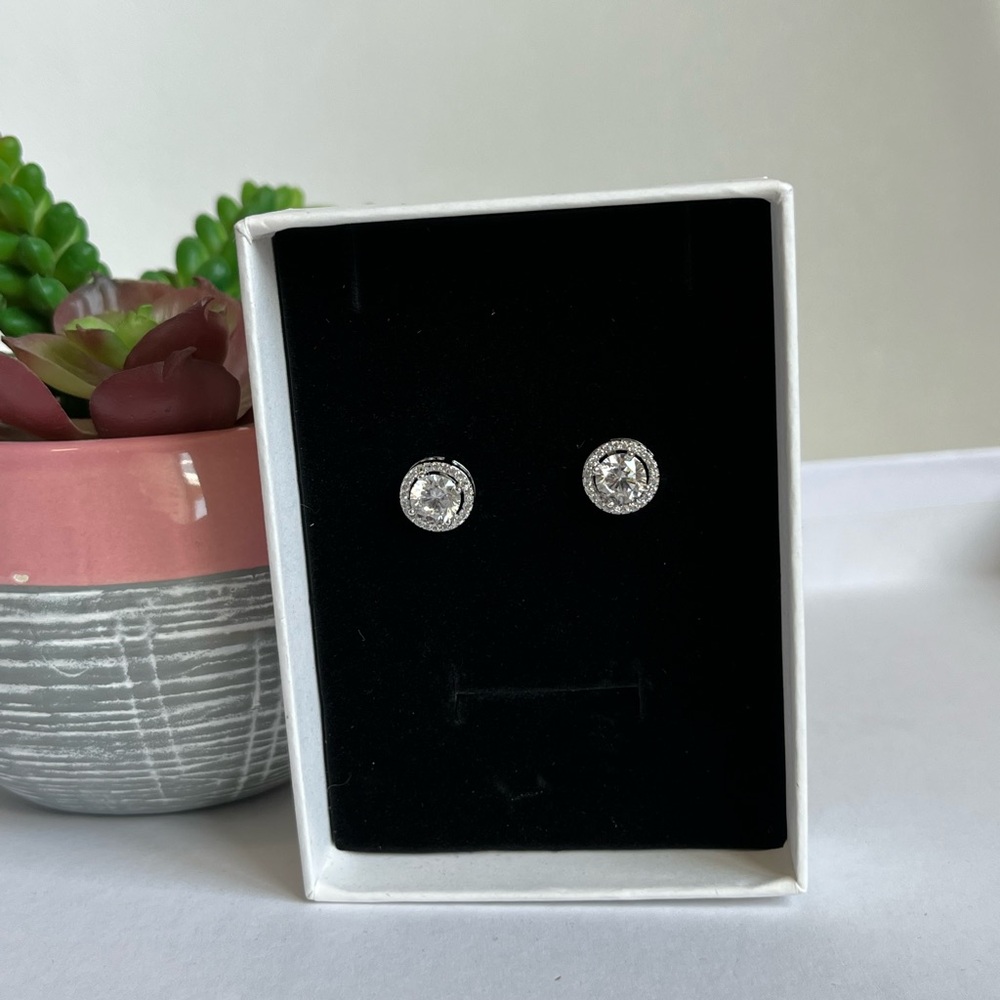 1 Carat CZ Sterling Silver Pave Halo Stud Earrings